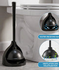 Heavy Duty Toilet Plunger Eight Piece Set Featuring Rock Solid Suction And Ergonomic Handles To Knock Out Stubborn Clogs Fast Without Any Sweat For Busy Households Across America in black with vented stand.