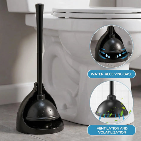 Heavy Duty Toilet Plunger Eight Piece Set Featuring Rock Solid Suction And Ergonomic Handles To Knock Out Stubborn Clogs Fast Without Any Sweat For Busy Households Across America in black with vented stand.