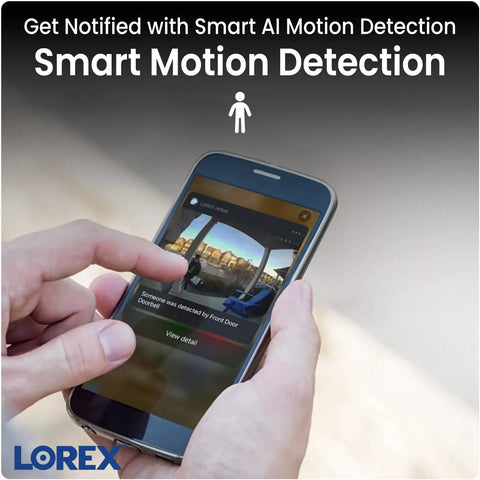 Hand holding phone displaying notification from 2K Indoor WiFi Security Cam With Magnetic Base And Flexible Mount Pet And Baby Monitor Infrared Night Vision Person Detection Two Way Talk 16GB MicroSD Included No Monthly Fee.