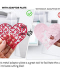 Comparison of heart-shaped dies using the 3 Piece Die Cutting Pad And Shim Set, highlighting clear polycarbonate and stainless plate.
