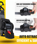 Beefy Heavy Duty Retractable Ratchet Strap Set 2 Inch By 6 Feet 2 Pack Bolt On Tie Downs For Trailers Boats Jet Skis And Motorcycles 3300 Lbs Break Strength Safe Quick Release Hauling showing ergonomic handle and red release button.