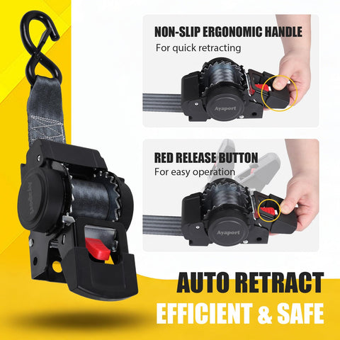 Beefy Heavy Duty Retractable Ratchet Strap Set 2 Inch By 6 Feet 2 Pack Bolt On Tie Downs For Trailers Boats Jet Skis And Motorcycles 3300 Lbs Break Strength Safe Quick Release Hauling showing ergonomic handle and red release button.