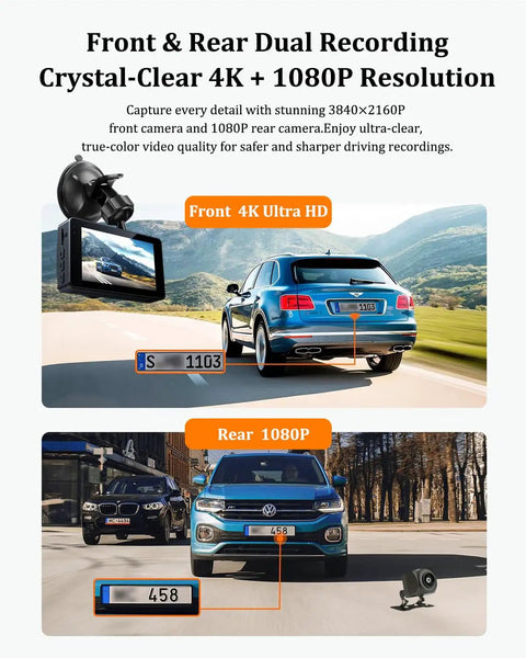 4K Front And Rear Dash Cam For Cars With 1080P Rear Camera Built In Wi Fi And App Control 32GB Card Included 3 Inch IPS