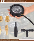 Front view of VECKYJL vacuum gauge tester kit: dial gauge with black housing and brass adapters with hose fittings.