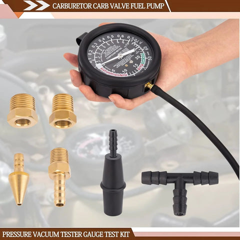 Front view of VECKYJL vacuum gauge tester kit: dial gauge with black housing and brass adapters with hose fittings.