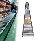Heavy Duty Gravity Conveyor Roller Belt 20 Inch Wide Rustproof Stainless Steel Industrial Long Length For Warehouse Shipping Logistics And Construction Sites with cargo.