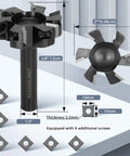 Beefy Slab Flattening Router Bit For CNC Surfacing Half Inch Shank Two Inch Cutting Diameter Six Wing Planing Bit With Carbide Inserts High RPM Up To Twenty Thousand Includes Six Screws Upgrade displayed with dimensions and carbide inserts.