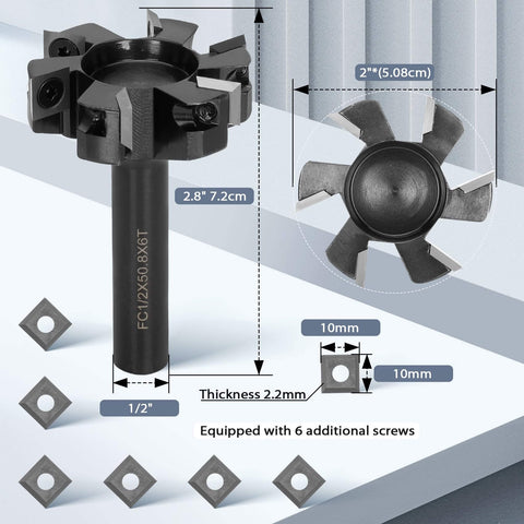 Beefy Slab Flattening Router Bit For CNC Surfacing Half Inch Shank Two Inch Cutting Diameter Six Wing Planing Bit With Carbide Inserts High RPM Up To Twenty Thousand Includes Six Screws Upgrade displayed with dimensions and carbide inserts.