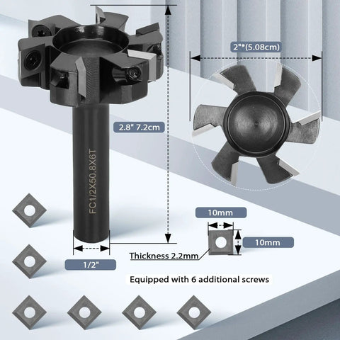 Pro Grade CNC Spoilboard Surfacing Router Bit With One Quarter Inch Shank And One And A Half Inch Cutting Diameter, black finish, with extra carbide blades displayed.