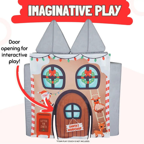 Santas Workshop Play Panel For Children Foam Sofa And Kids Couch with Santa's workshop design and door opening.