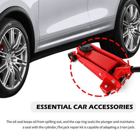 16 Piece Floor Jack Sealing Kit With O Rings And Oil Filler Plug, 3 Ton Hydraulic Jack Repair Set next to car tire