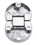 Front view of silver zinc alloy flap hinge with mounting holes