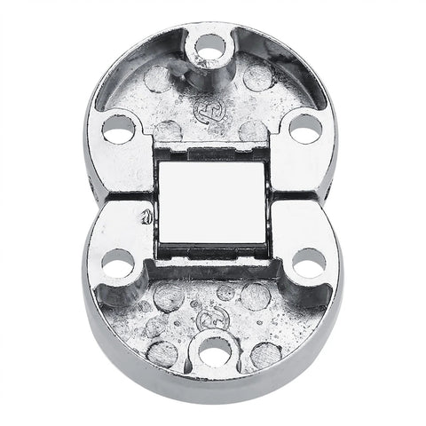 Front view of silver zinc alloy flap hinge with mounting holes