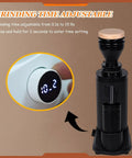 Variable Speed Single Dose Conical Burr Coffee Grinder With Stepless Adjustments, showing adjustable timer display.