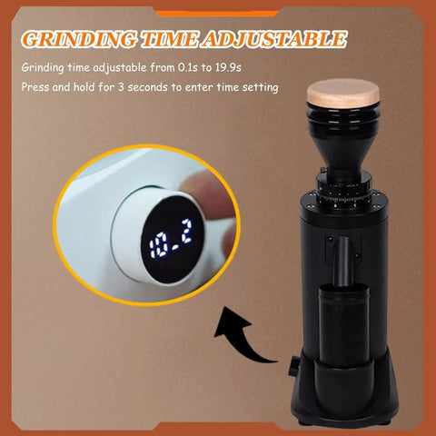 Variable Speed Single Dose Conical Burr Coffee Grinder With Stepless Adjustments, showing adjustable timer display.