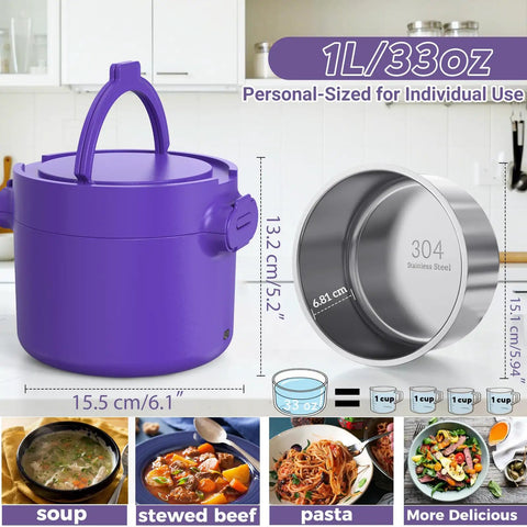Purple Portable 33oz Electric Lunch Box 100W Fast Heat 3 In 1 Food Warmer with 304 Stainless Steel Inner and Measurement Chart