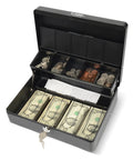 Lockable Cash Box With Coin Tray Durable Metal Money Box With Key Lock For Bills And Change Portable Organizer For Markets Events Vendors And Fundraisers Built To Last And Crazy Handy On The Go showing open view with cash and coins