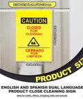 Double Sided Restroom Closed For Cleaning Sign With Telescopic Stand And High Viz Yellow Panel Bilingual English Spanish Floor Board showing dimensions.