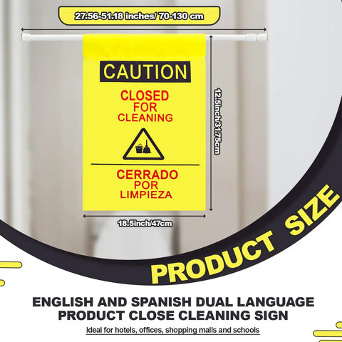 Double Sided Restroom Closed For Cleaning Sign With Telescopic Stand And High Viz Yellow Panel Bilingual English Spanish Floor Board showing dimensions.