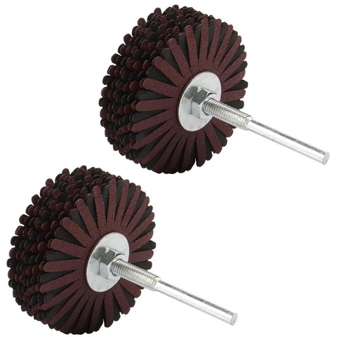 2 Pack 150 Grit Nylon Abrasive Flap Wheel With One Quarter Inch Shank For Drill Or Rotary Tool, front view