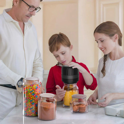 Family using Electric Mason Jar Vacuum Sealer Kit for wide and regular mouth jars with snacks on a kitchen counter.