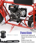Chain Tensioner Bracket Kit With 8mm Roller for Predator 212 and 224cc mini bike engine shown installed on red bike frame.