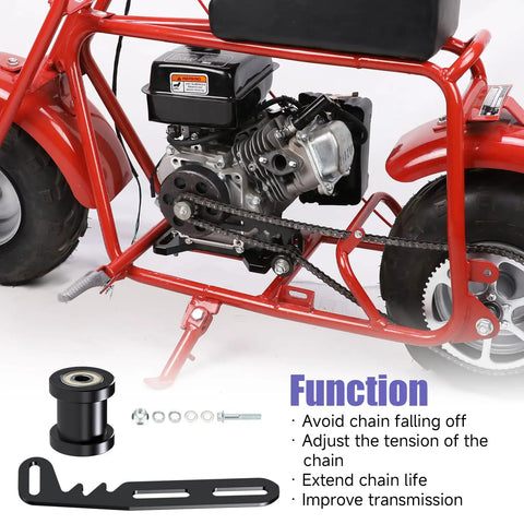 Chain Tensioner Bracket Kit With 8mm Roller for Predator 212 and 224cc mini bike engine shown installed on red bike frame.