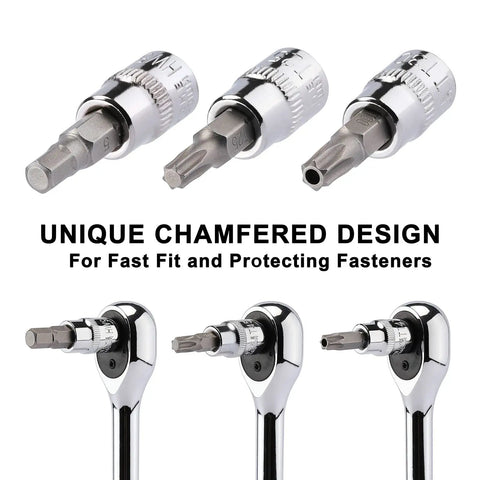 Beefy 107-Piece Bit Socket Set with Torx Hex Ball End Bits showing unique chamfered design for fast fit and protection.