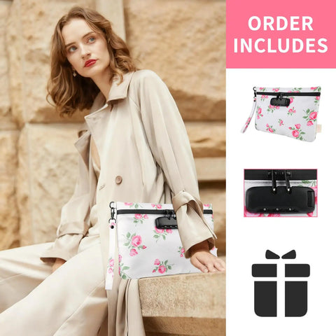 Pink Rose Travel Pouch Waterproof With Combination Lock Eight Piece Accessory Set And Gift Box shown with model