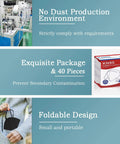KN95 Face Mask 40 Count 5-Ply Cup Design Dust Protection Masks in no dust production, packaging, and foldable design details.