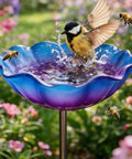 Handmade Metal Flower Garden Stake With Bird Bath And Bee Watering Station Totally Pollinator Friendly Yard Decor With Colorful Butterfly Bee Bath Bowl For Outdoor Gardens And Patios featuring a bird and bees using the bath