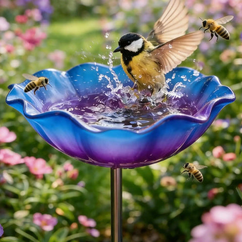 Handmade Metal Flower Garden Stake With Bird Bath And Bee Watering Station Totally Pollinator Friendly Yard Decor With Colorful Butterfly Bee Bath Bowl For Outdoor Gardens And Patios featuring a bird and bees using the bath