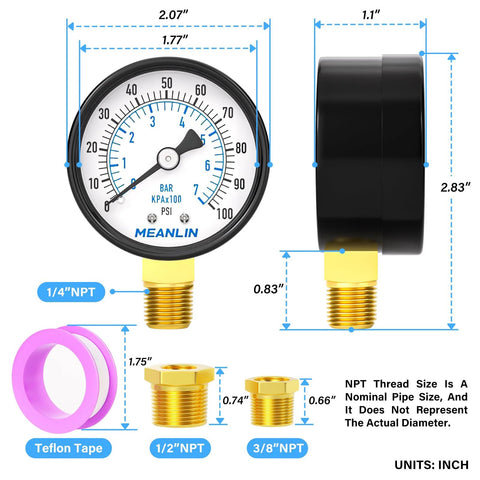 Well Pump Pressure Gauge 0 to 100 PSI, 2 Inch Dial Face, Lower Mount, One Quarter Inch NPT Port, Includes Bushings, Meanlin