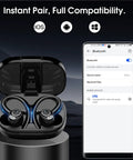 Bluetooth 5.3 Wireless Earbuds With ENC Microphone Deep Bass IPX7 Waterproof 48 Hour Playtime Secure Earhooks Gym Ready Sports Earphones case with smartphone showing pairing screen