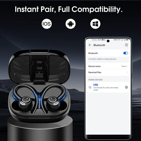 Bluetooth 5.3 Wireless Earbuds With ENC Microphone Deep Bass IPX7 Waterproof 48 Hour Playtime Secure Earhooks Gym Ready Sports Earphones case with smartphone showing pairing screen