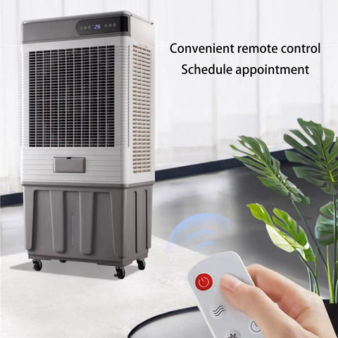 Portable Evaporative Air Cooler With Dual Water Tank And Three Fan Speeds For Bedroom And Home Office Featuring A Twelve Hour Timer, grey, remote control, modern design.