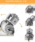 Pro Grade 3 Jaw Chuck And Dividing Head Kit With 0 To 90 Degree Rotary Indexer showing adjustable angles and direct indexing dial.
