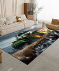 Living room with Farm Tractor Rug 3 by 5 ft, cozy flannel surface, contemporary style, showcasing tractor design and stain resistance