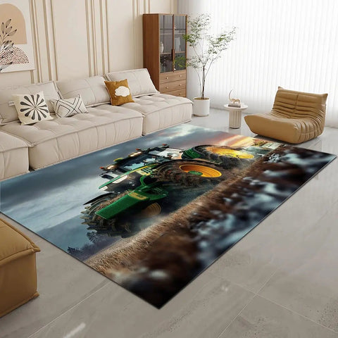 Living room with Farm Tractor Rug 3 by 5 ft, cozy flannel surface, contemporary style, showcasing tractor design and stain resistance