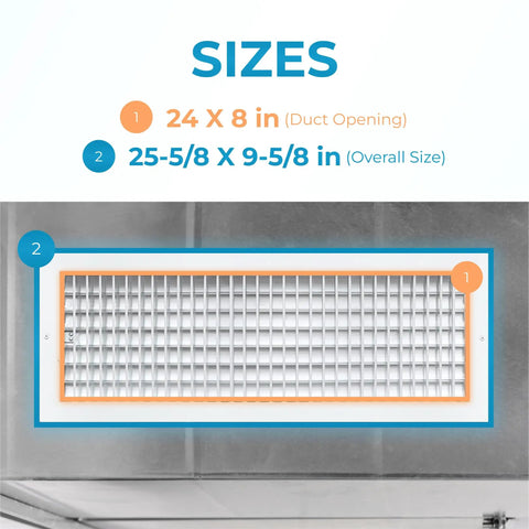Diagram showing sizes of Heavy Duty 24x8 Inch Wall Vent Cover For AC Vents, featuring duct opening and overall dimensions.