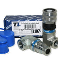 TL TopLine 1/2 in NPT hydraulic quick-connect couplers with 90° elbow, metal body, blue dust caps (front view).