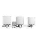 Chrome Vanity Bath Light Fixture With Etched Glass, Three Lights, 24 Inch Wide, wall-mounted design, E26 base bulbs not included