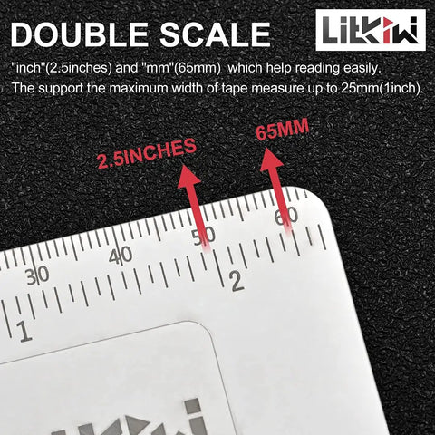 2 Pack Double Scale Measuring Tape Clips In 304 Stainless Steel Corner Measuring Tool showing 2.5in and 65mm scales