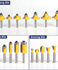 Pro Grade 35 Piece Router Bit Kit One Quarter Inch Shank Carbide Bits Set For Woodworking kit showing edging, trim, grooving bits