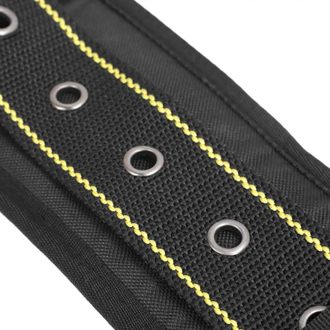 Heavy Duty Adjustable Tool Belt With Quick Release Buckle And Roomy Pouches Crafted From Tough 1200D Oxford Cloth, close-up view of durable material and eyelets.