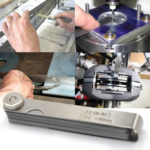 Stainless steel 32-blade feeler gauge set for measuring valve gap widths; SAE and metric blades, Amazon brand.