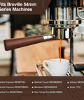 Installed bottomless 54mm stainless steel portafilter with rosewood handle brewing espresso into a white cup