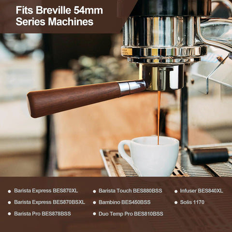 Installed bottomless 54mm stainless steel portafilter with rosewood handle brewing espresso into a white cup