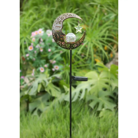 Lit Moonlit Solar Lantern For Outdoor Decor Ideal For Patio Path Garden Or Lawn Crackle Glass Globe Stake Light in bronze.