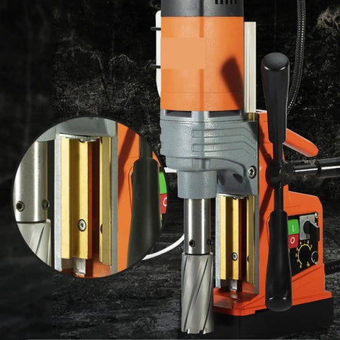 Close-up of Magnetic Drill Press With Variable Speed and Forward Reverse Tapping Core Drilling Tool for Industrial and Home Improvement.